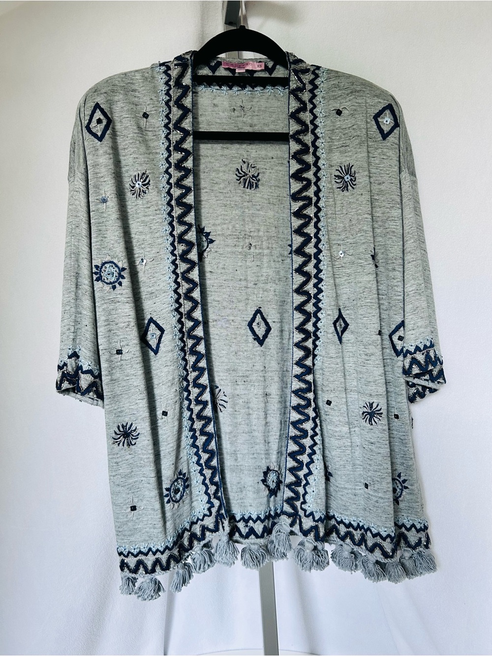 Calypso St. Barth Light Gray Open-Front Embroidered Kimono Beads Fringe